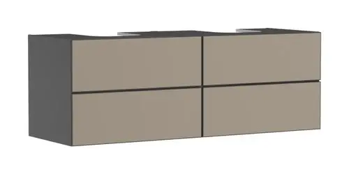 Waschtischunterschrank in Schiefergrau von Hansgrohe mit vier Schubkästen, geeignet für zwei Aufsatzwaschtische. Geometrisches Design ohne erkennbare Maße.